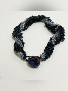 Iridescent Clear Matte Black Purple Blue Seed Bead Cuff Bracelet Button Closure